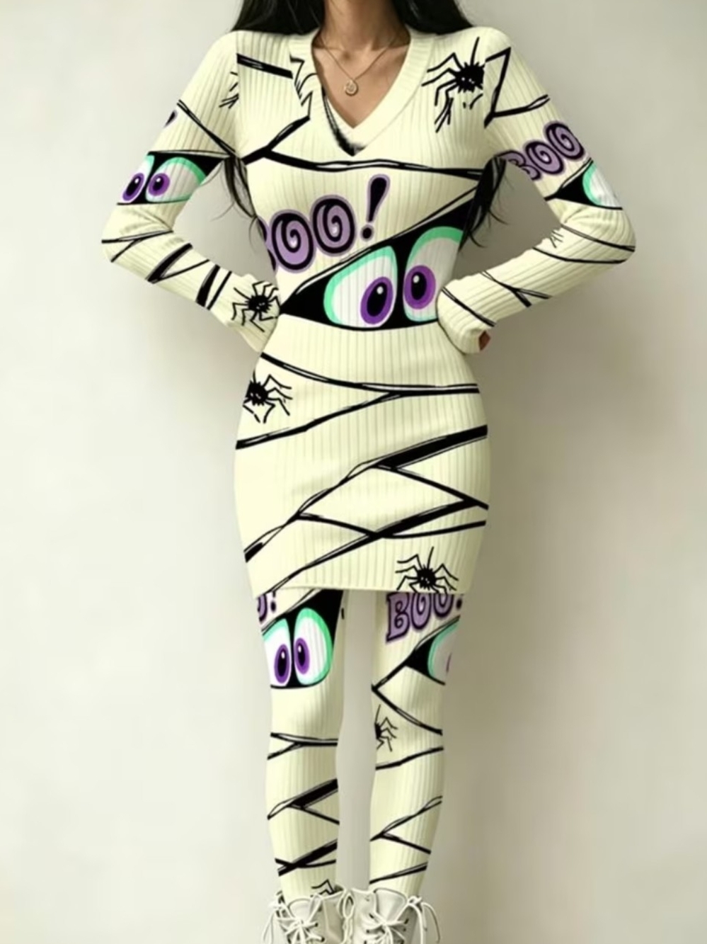 Women's Cream Halloween Mummy Eye Long Sleeve Sweater Dress And Leggings